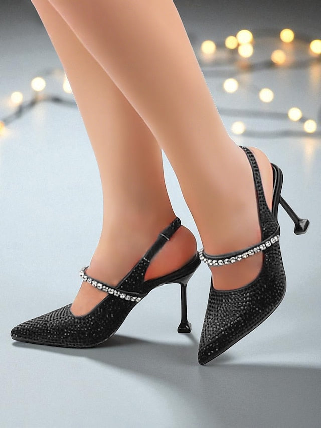 Rhinestone Toe Gold Pointed Sparkly Heels Women's -