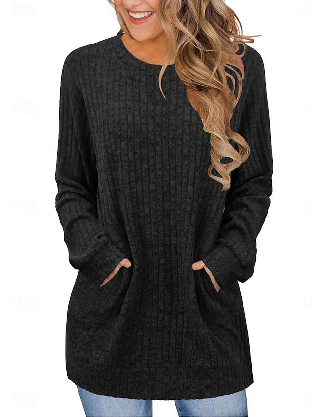 Women's Blouse Pocket Solid Color Stylish Casual Long