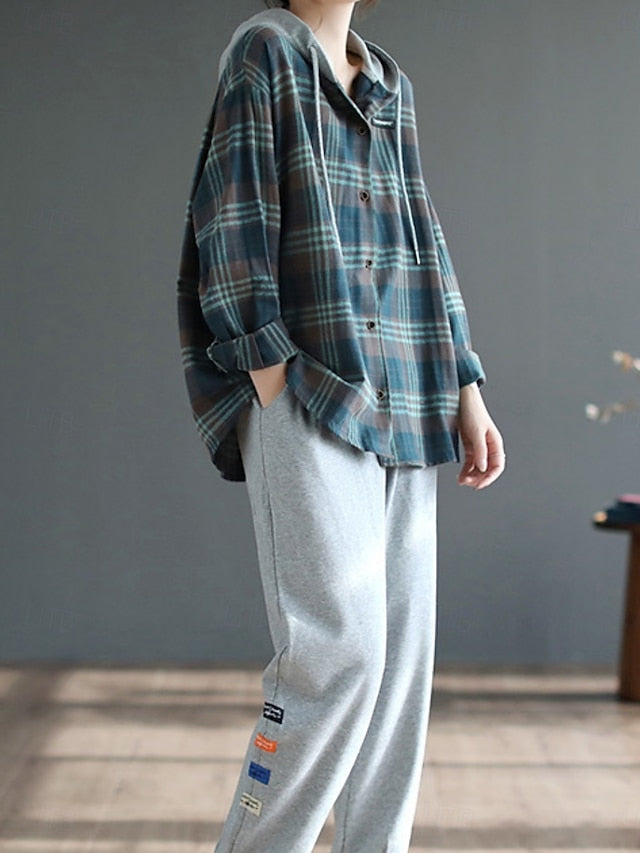 Women's Blouse Buttons Print Plaid Stylish Casual Long