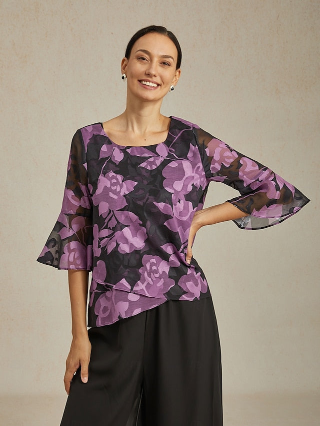 Women's Chiffon Burnout Top Black Purple Round Neck Casual