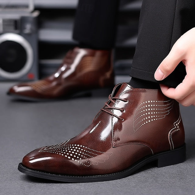 Brogue Burgundy Glossy Wingtip Ankle Faux Men's Leather