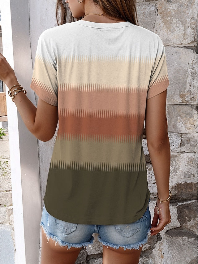 Women's T Shirt Casual Ombre Color Block Print Short Sleeve