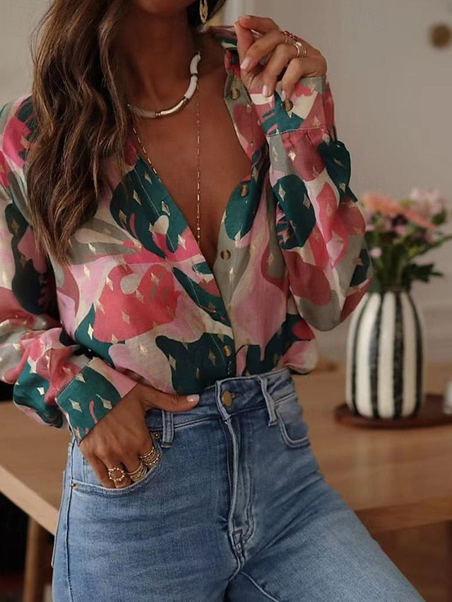 Women's Shirt Pocket Buttons Print Floral Bohemia Stylish