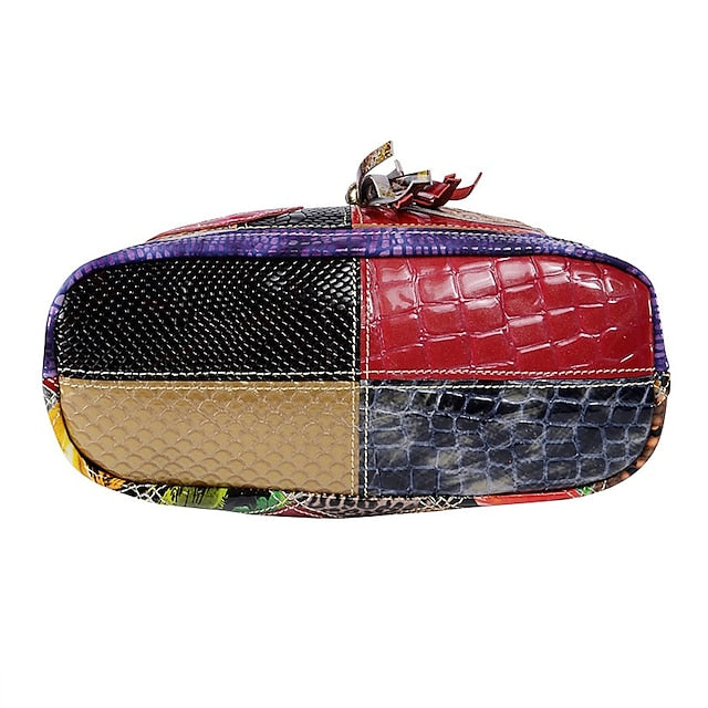 Damen Leder Schultertasche Bohemian Bunt Patchwork - Tasche