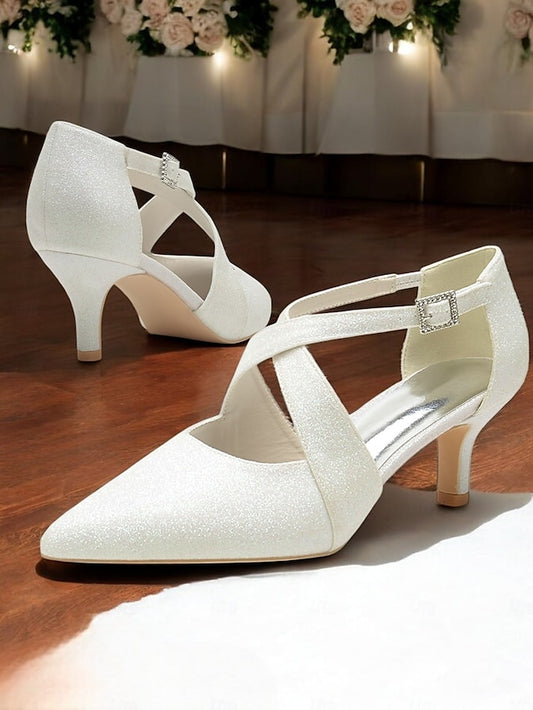 Cross Glitter Kitten with Rhinestone Heels Strap Buckle White