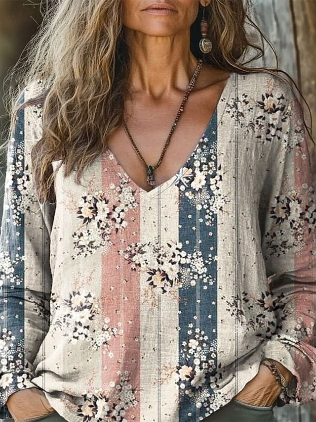 Women's Boho Shirt Blouse Ruched Floral Graphic Elegant