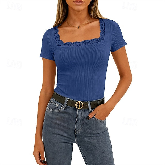 Women's T Shirt Summer Tops Lace Patchwork Plain Elegant