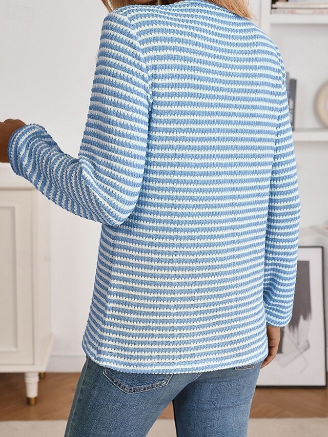Women's T Shirt Buttons Striped Classic Casual Long Sleeve