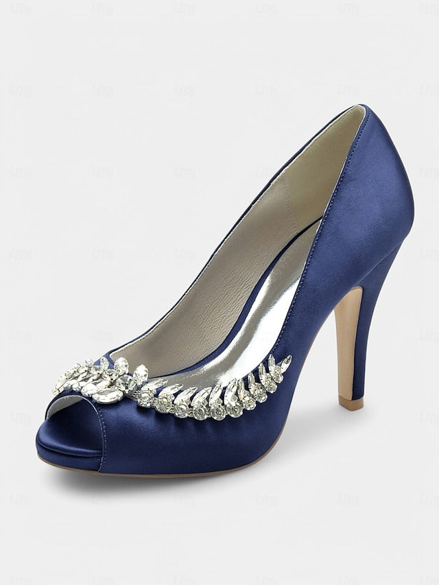 Peep-Toe with Crystal – Satin Embellishment Blue Luxury Heels
