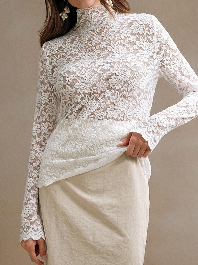 Women's Blouse Lace Tops Lace Plain Stylish Long Sleeve