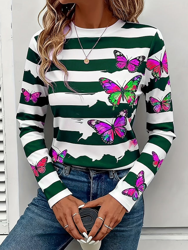 Women's T Shirt Print Graphic Butterfly Striped Vintage