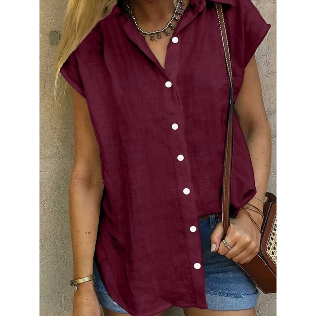 Women's Shirt Button Down Blouse Solid Color Plain Basic