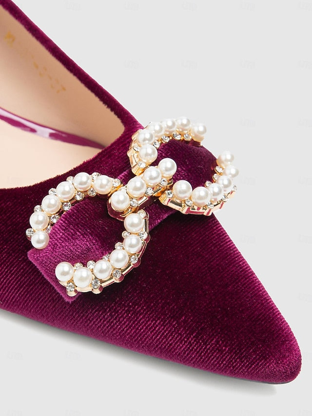 with Velvet Kitten Bow Pearl Women's Pumps Burgundy Heel -