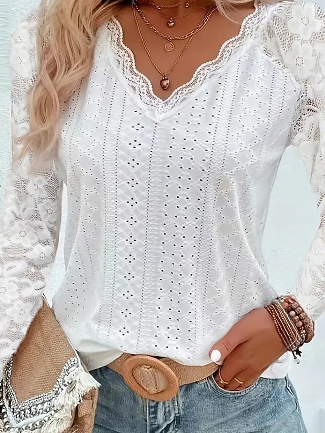 Women's Blouse Lace Tops Plain Active Stylish Long Sleeve V