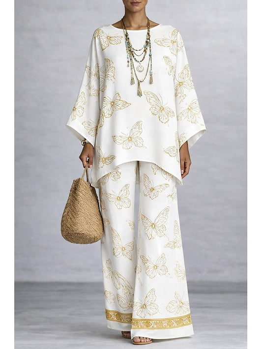 Women's Pants Sets Long Sleeve Round Neck Graphic Butterfly