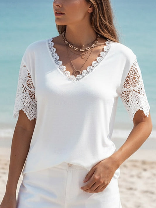 Women's Shirt Blouse Lace Tops Patchwork Lace Trim Plain