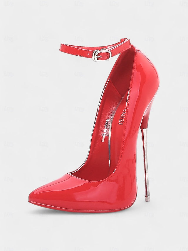 Strap with Red Ankle Stiletto Women's Leather Patent Heels
