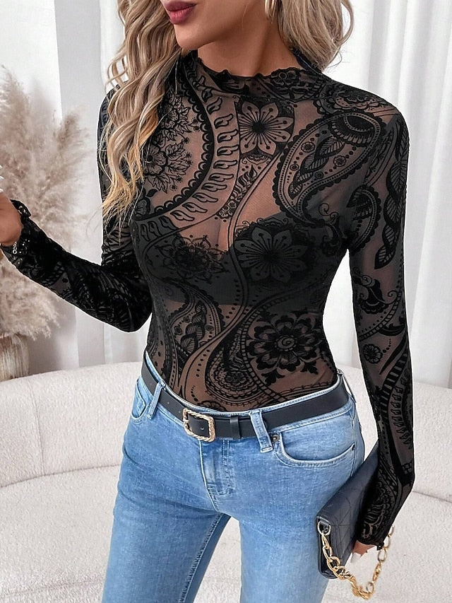 Women's Blouse Patchwork Mesh Solid Color Stylish Casual