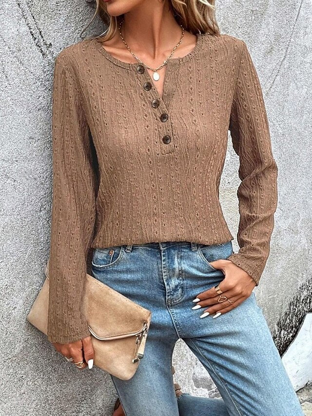 Women's Lace Splicing Top Blouse Lace Buttons Solid Color