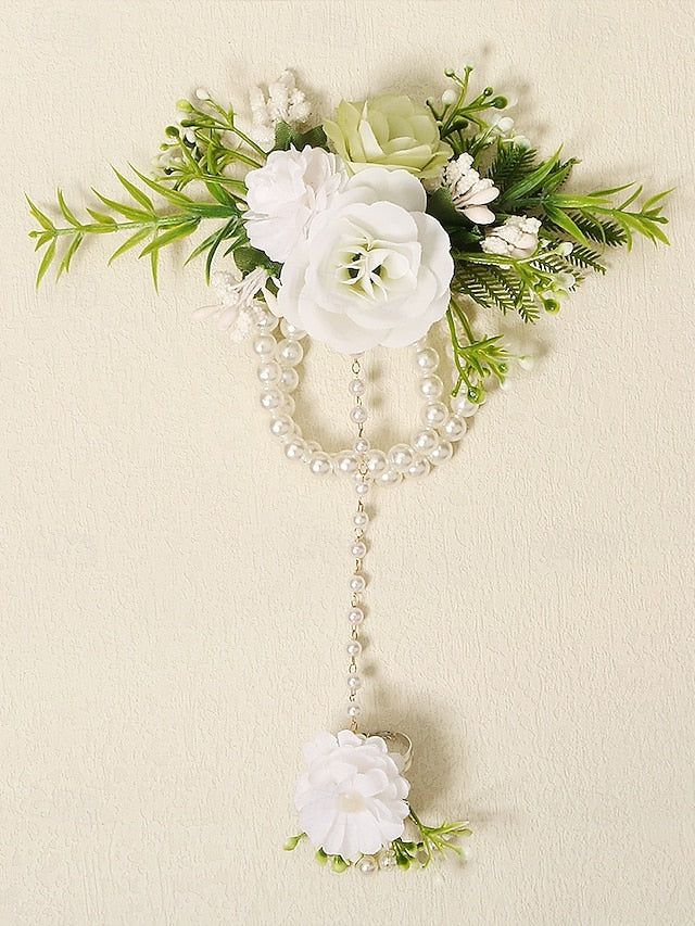 White – Elegant Wrist with Hand Set Floral Pearls Jewelry and