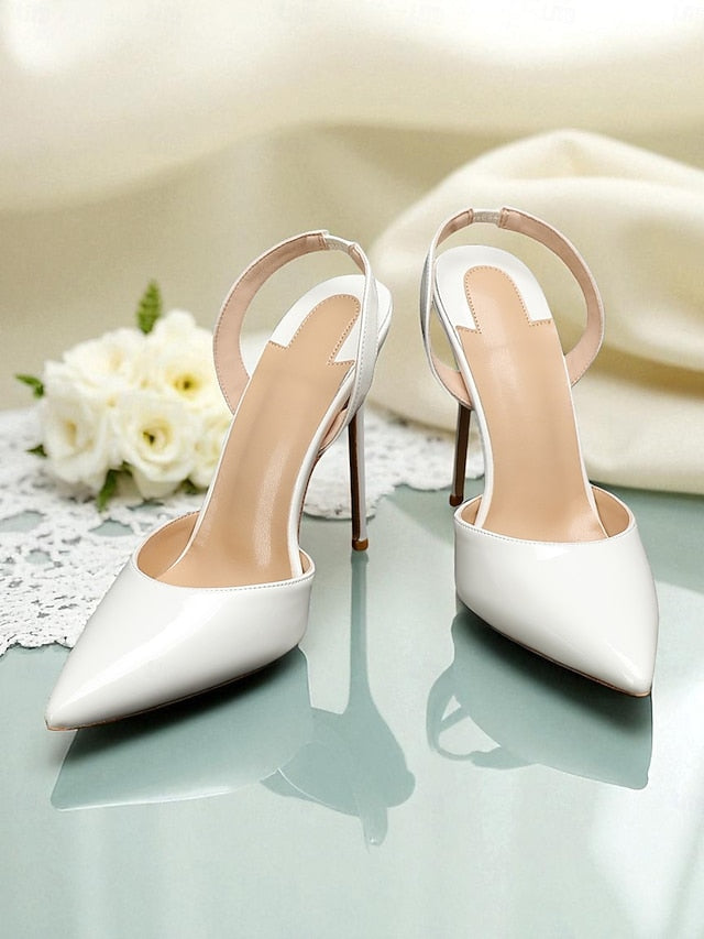 Slingback White Heels - Leather Pearl-Embellished Women's