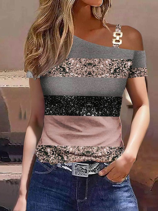 Women's T Shirt Casual Color Block Print Cold Shoulder