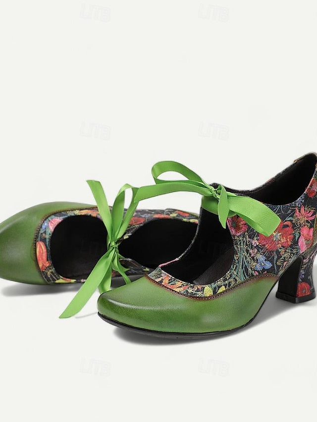 Floral Women's Green Jane Leather with Mary Print Heels