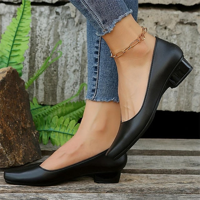 Women's Toe Classic Low Heel Pumps Black Round Slip-On –