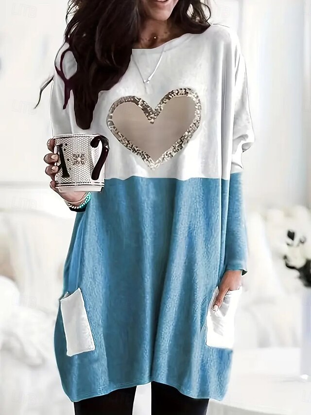 Women's T Shirt Pocket Print Heart Graphic Fashion Long