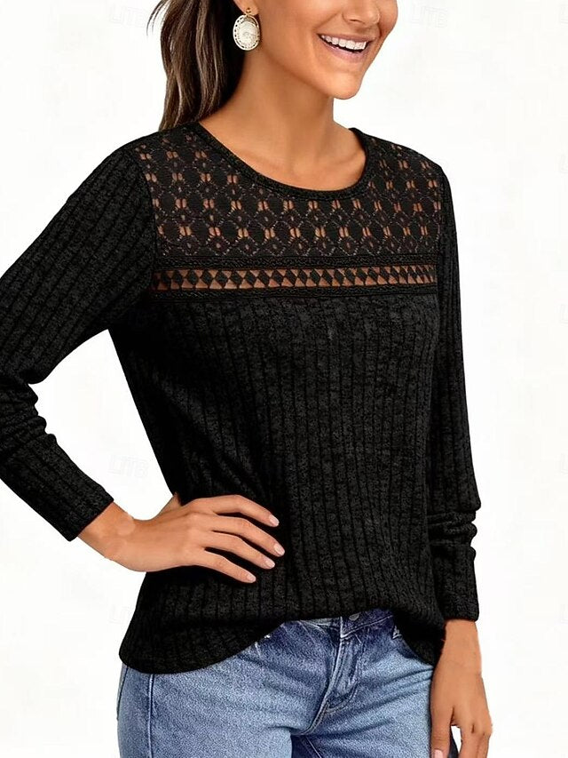 Women's Ribbed Knit Tops T Shirt Eyelet Vintage Casual Long