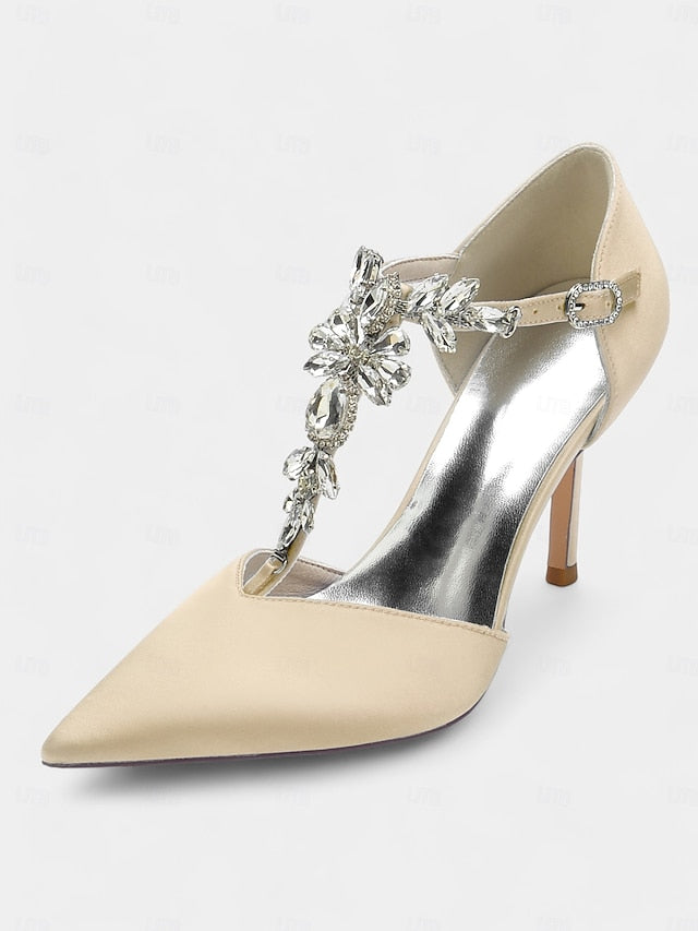 Women's Navy Toe – Pointed Blue T-Strap Satin Heels