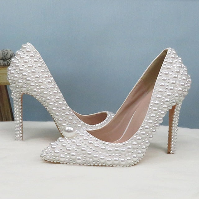 Heels Pearl Purse and Pearl-Embellished Round Stiletto Set White