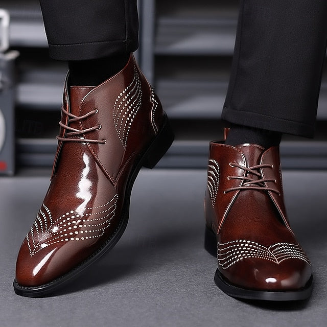 Brogue Burgundy Glossy Wingtip Ankle Faux Men's Leather