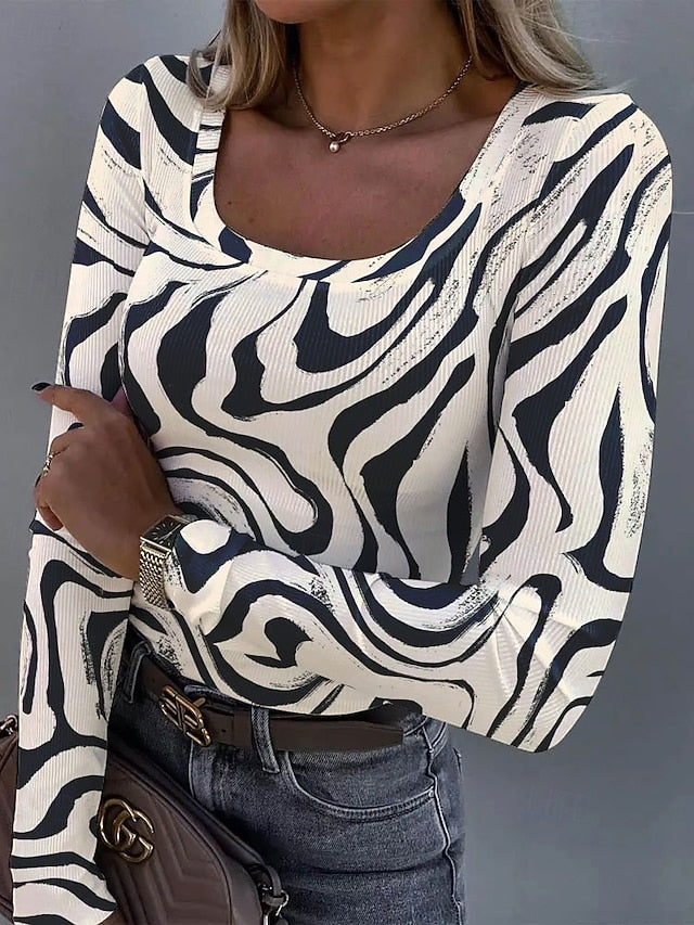 Women's T shirt Long Sleeve Ribbed Graphic Square Neck Long