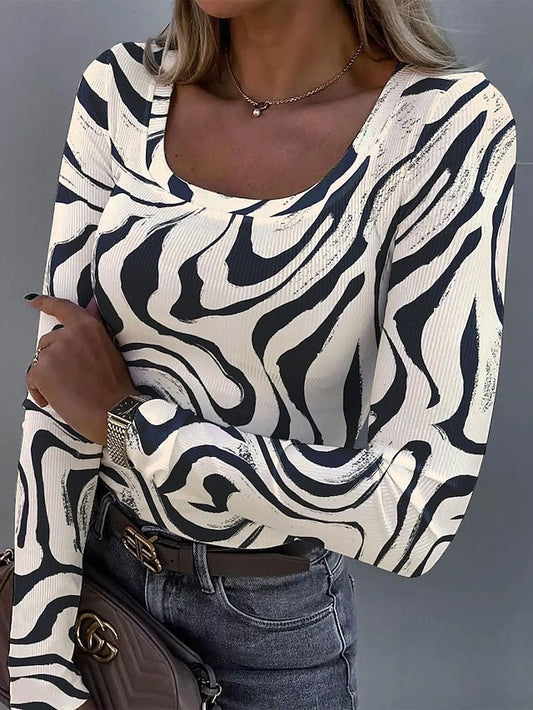 Women's T shirt Long Sleeve Ribbed Graphic Square Neck Long
