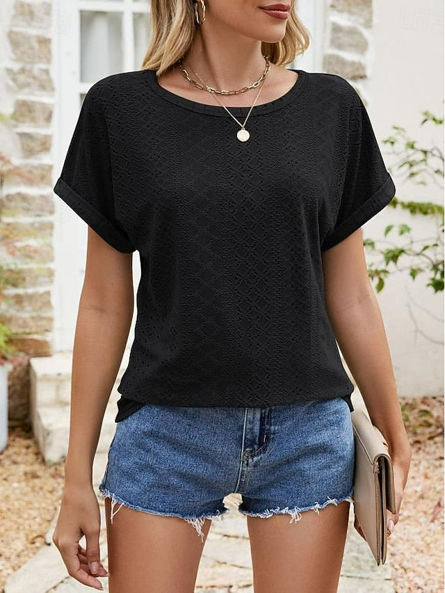 Women's Texture Blouse Eyelet Top Pointelle Tee Tunic
