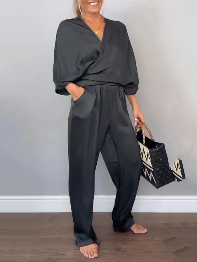 Women's Pants Sets Bolero Top Short Sleeve V Neck Plain