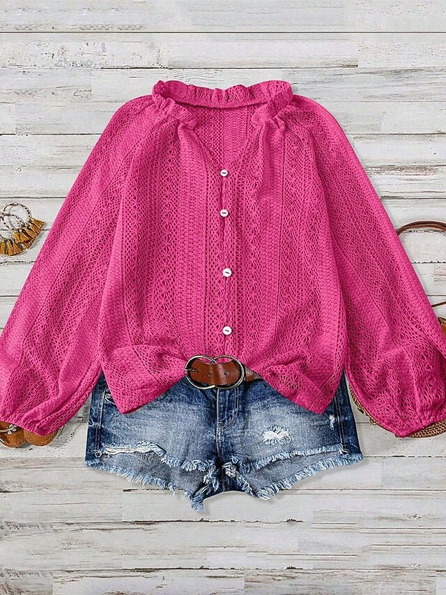 Women's Shirt Dressy Tops Hollow Out Buttons Plain Elegant