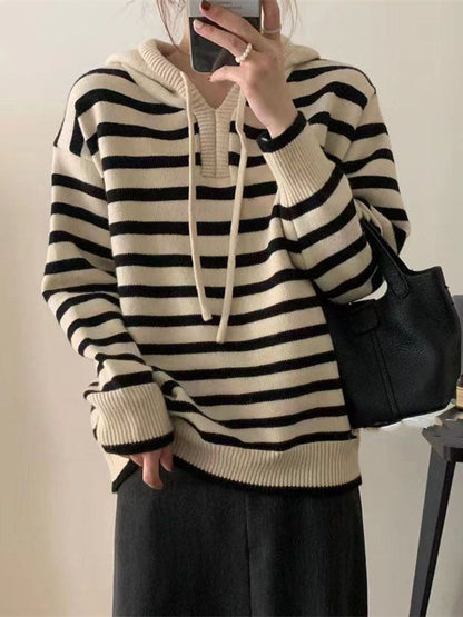 Casual Black Hooded Drawstring V-Neck Contrast Color Striped Long Sleeve Sweater QX019