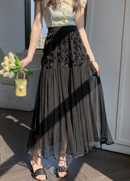 Black Wrinkled Patchwork Tulle Skirt High Waist Spring RV013