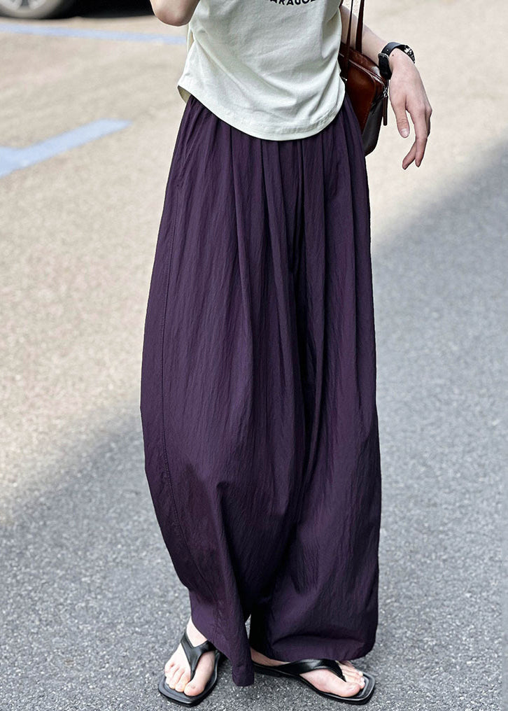 Women Purple Pockets Elastic Waist Cotton Pants Summer AF1074