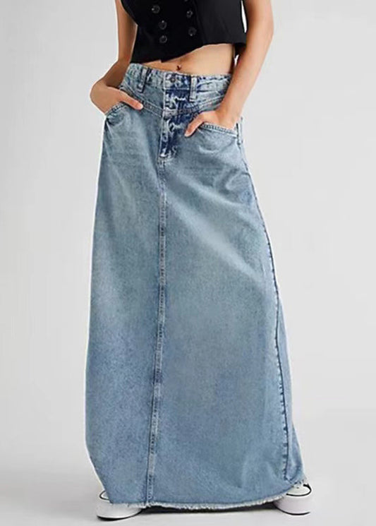 Art Blue Pockets Tasseled High Waist Denim Skirt Summer TT1025