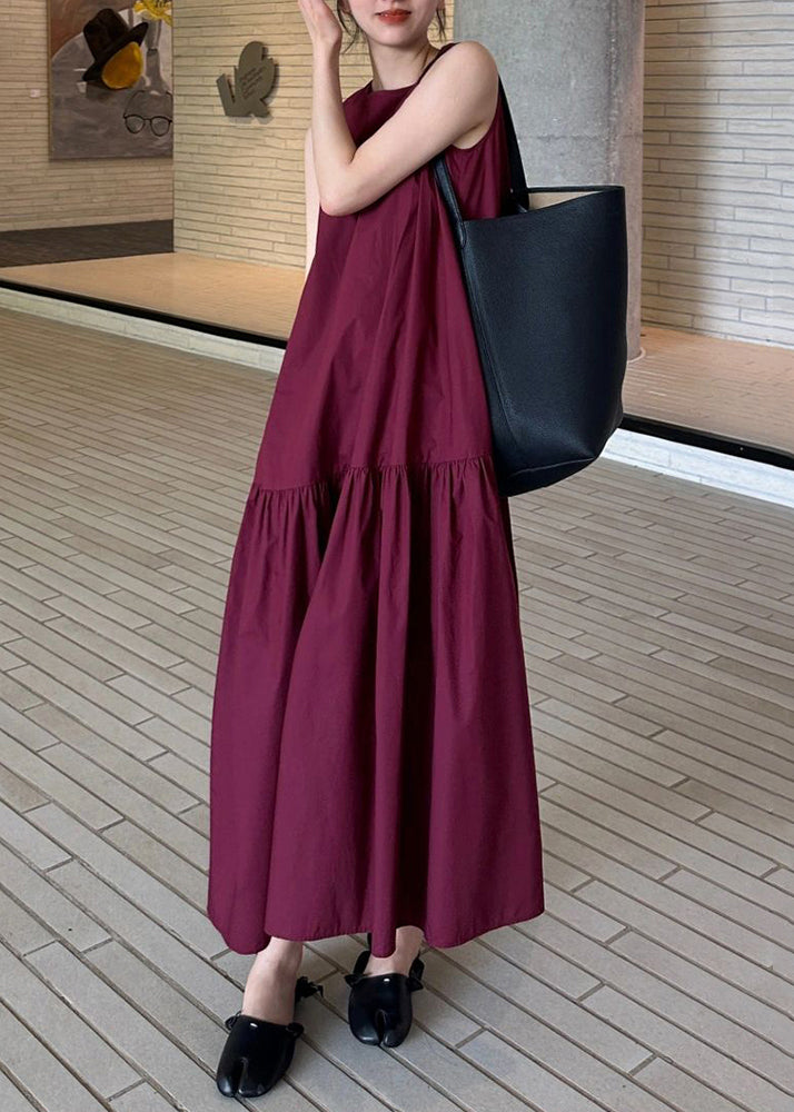 Wine Dresses Cotton Solid Pockets Long Red Wrinkled Simple