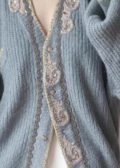 Art Blue Embroidered Button Knit Cardigans Spring TW020