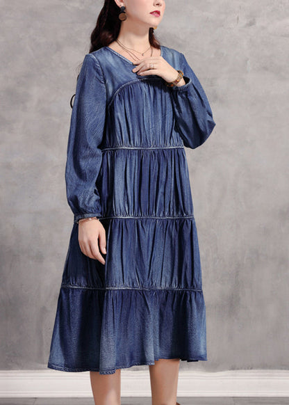 Casual Blue V Neck Wrinkled Patchwork Denim Long Dress Long Sleeve NN018