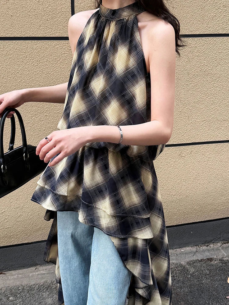 Asymmetrisches Khaki Plaid Neck Sleeveless Top High-Low Uniaue Halter 