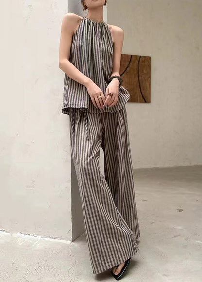 French Fashion Coffee Striped Top Wide Leg Pants Two Piece Set Summer EE055