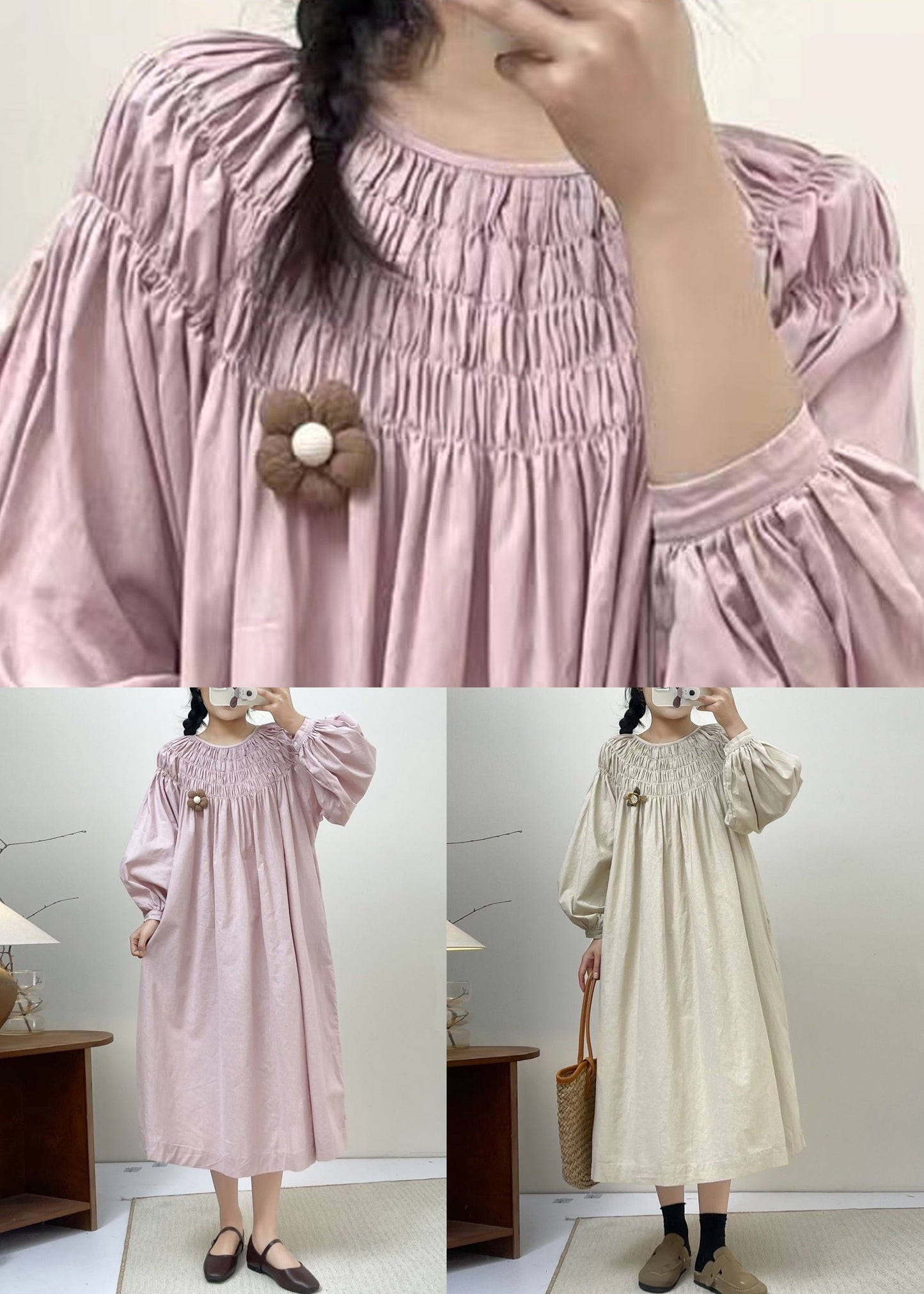 Robe ample en coton rose avec poches froissées, printemps NN034 