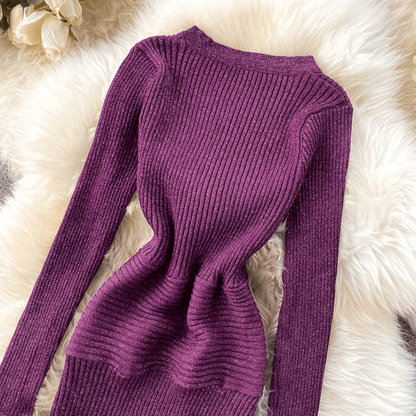 Modern Purple V-neck Hollow Out Halter Long Sleeve With Fur Knit Dress AR1009