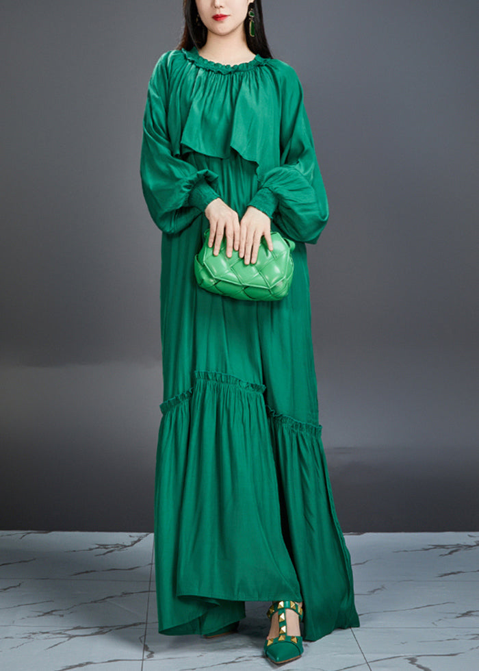 Italian Green Ruffled Pockets Tie Waist Cotton Maxi Dress Fall AJ1028